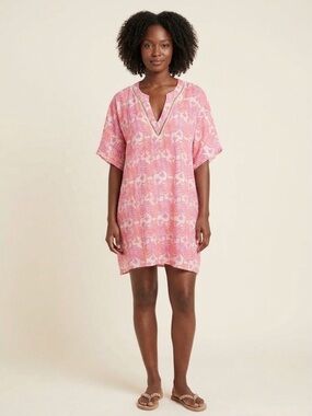 Tahari Pink Patterned V-Neck Tunic with Eyelet Trim